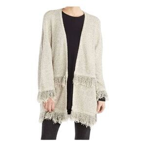 Mud Pie Livvy Fringe Cardigan Sweater Cream Grey Knit Open Front S/M